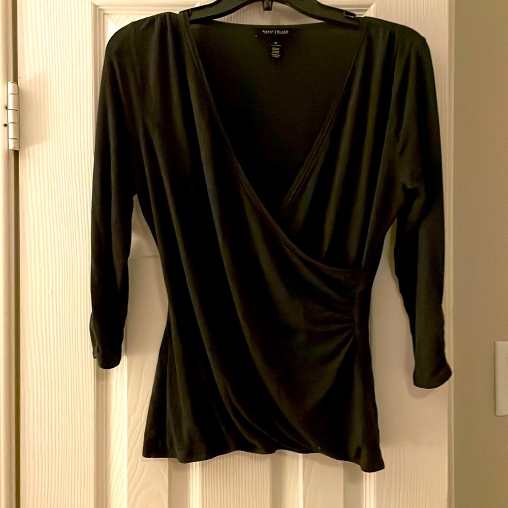 Women Charcoal Grey 3/4 Sleeve Crossover V-Neck Top